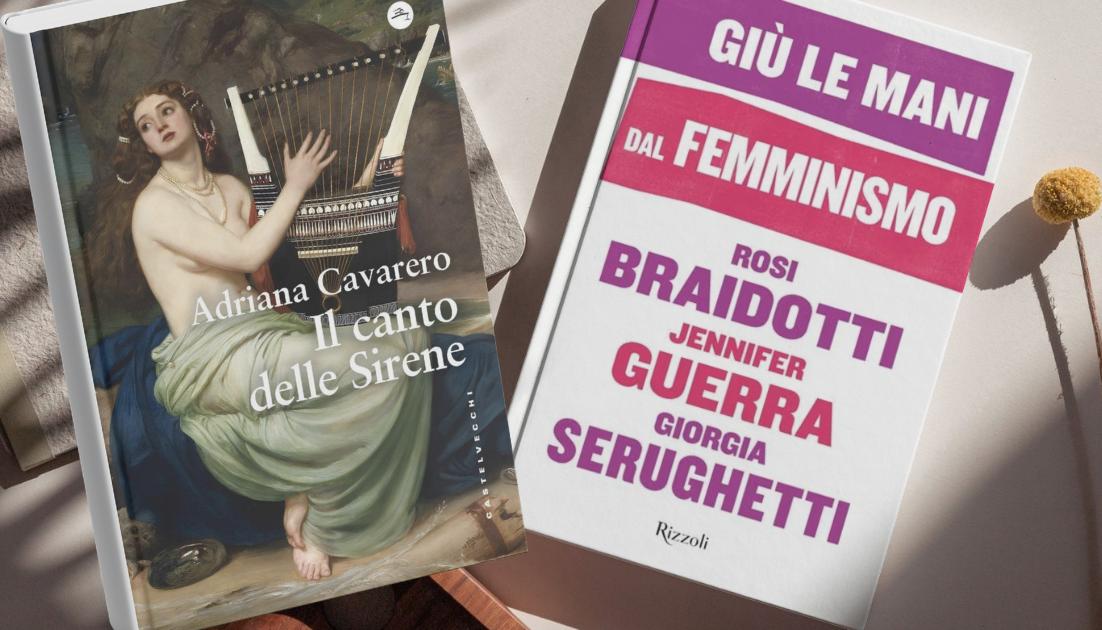 il-canto-delle-sirene A sinistra, libro 'Il canto delle Sirene' con in copertina un dipinto di una sirena con la cetra. A destra, 'Giù le mani dal femminismo' con una copertina bianca e scritte fucsia e viola