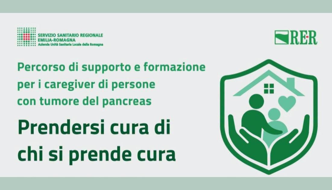 Particolare locandina dell'Ausl Romagna intitolata "Prendersi cura di chi si prende cura", un percorso di supporto e formazione per i caregiver di persone con tumore del pancreas