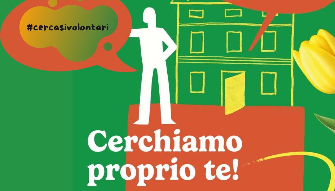 Ancescao-Rimini-cerca-volontari Particolare locandina campagna Cerchiamo proprio te! Con omino stilizzato bianco di fronte a una porta aperta di un edificio, il centro, disegnato con colore giallo.