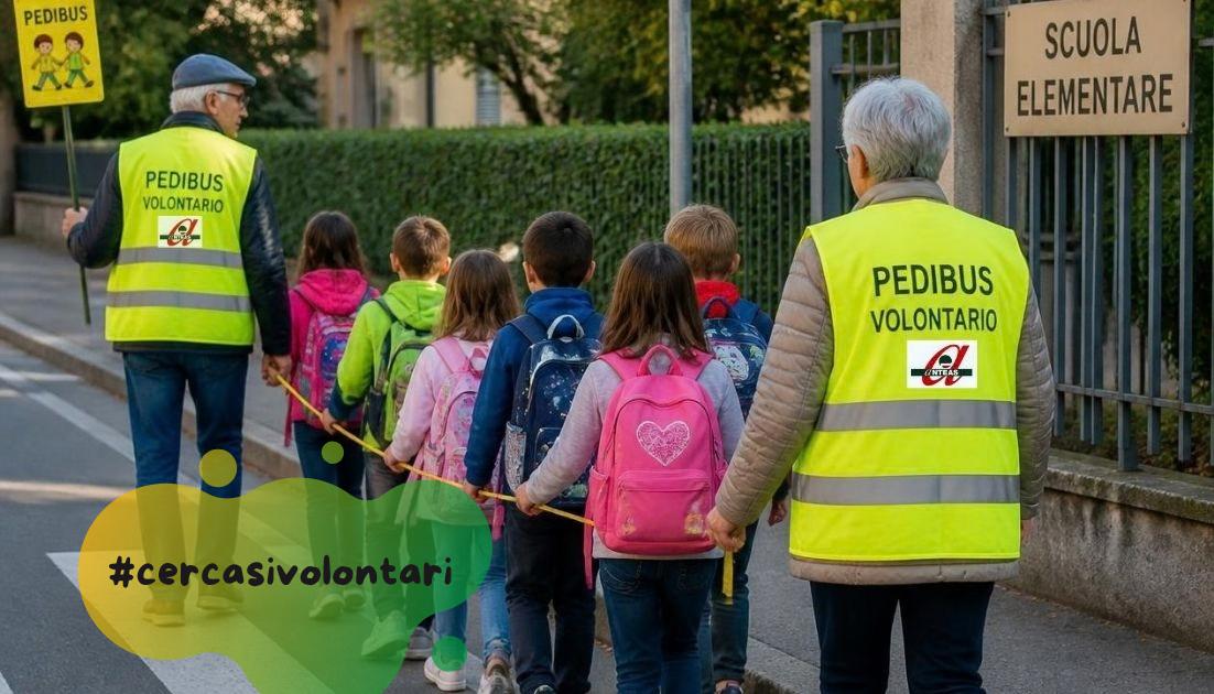 Anteas-Rimini-cerca-volontari Fila di bambi delle elementari di spalle, accompagnati a scuola due anziani volontari che indossano gilet gialli catarifrangenti "PEDIBUS VOLONTARIO" e il logo Anteas