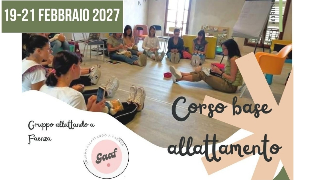 Articolo corso base allattamento Locandina Gruppo allattando a Faenza del 19-21 febbraio 2027, con mamme e neonati seduti in cerchio.