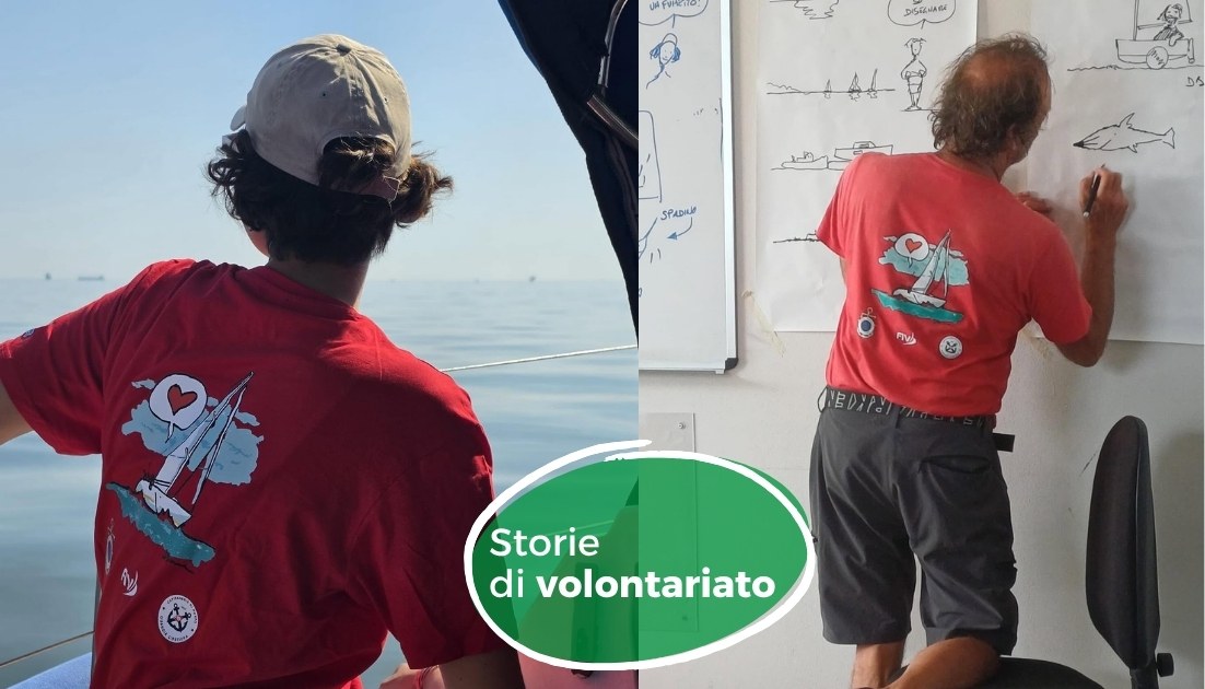 Due foto di un ragazzo in barca e di un uomo che disegna.