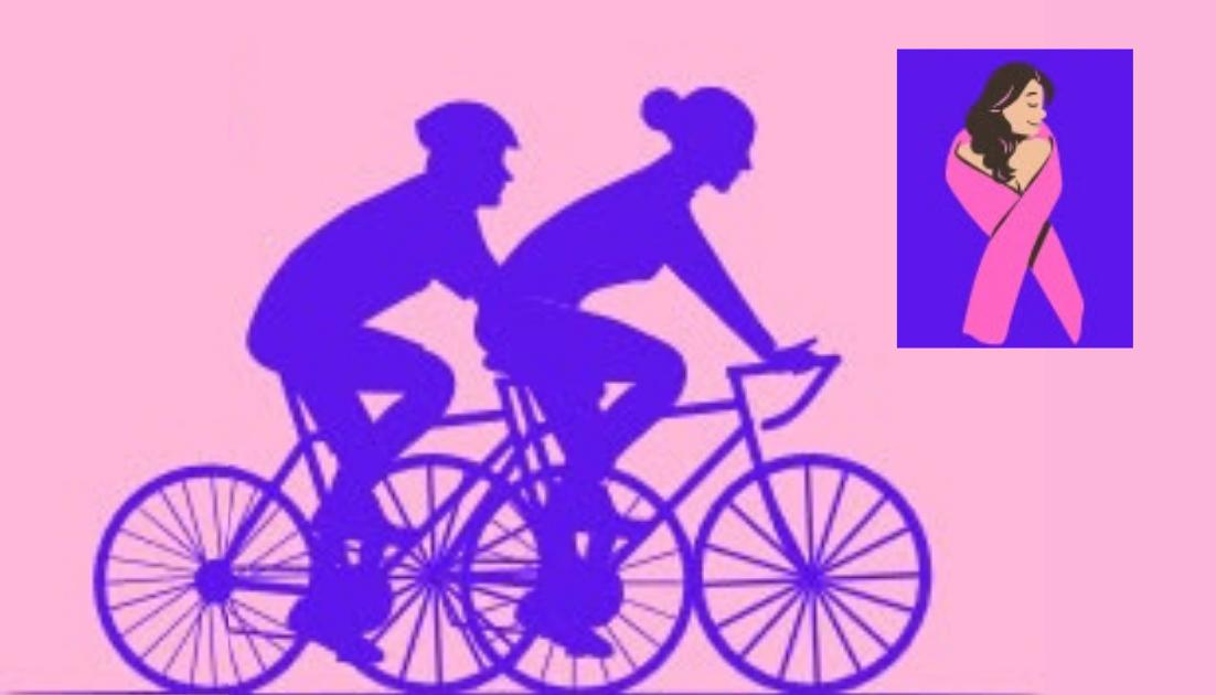 pedalata-ottobre-mese-rosa Su sfondo Rosa due ombre di un uomo e una donna in bicicletta che pedalano verso il disegno di una donna abbracciata da un nastro rosa